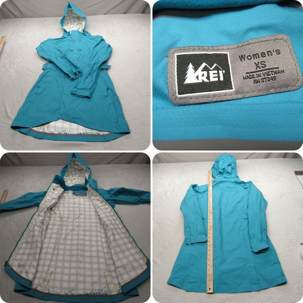 REI Jacket Womens XS Aqua Double Breasted Lightweight‎ Waterproof Packable Rain